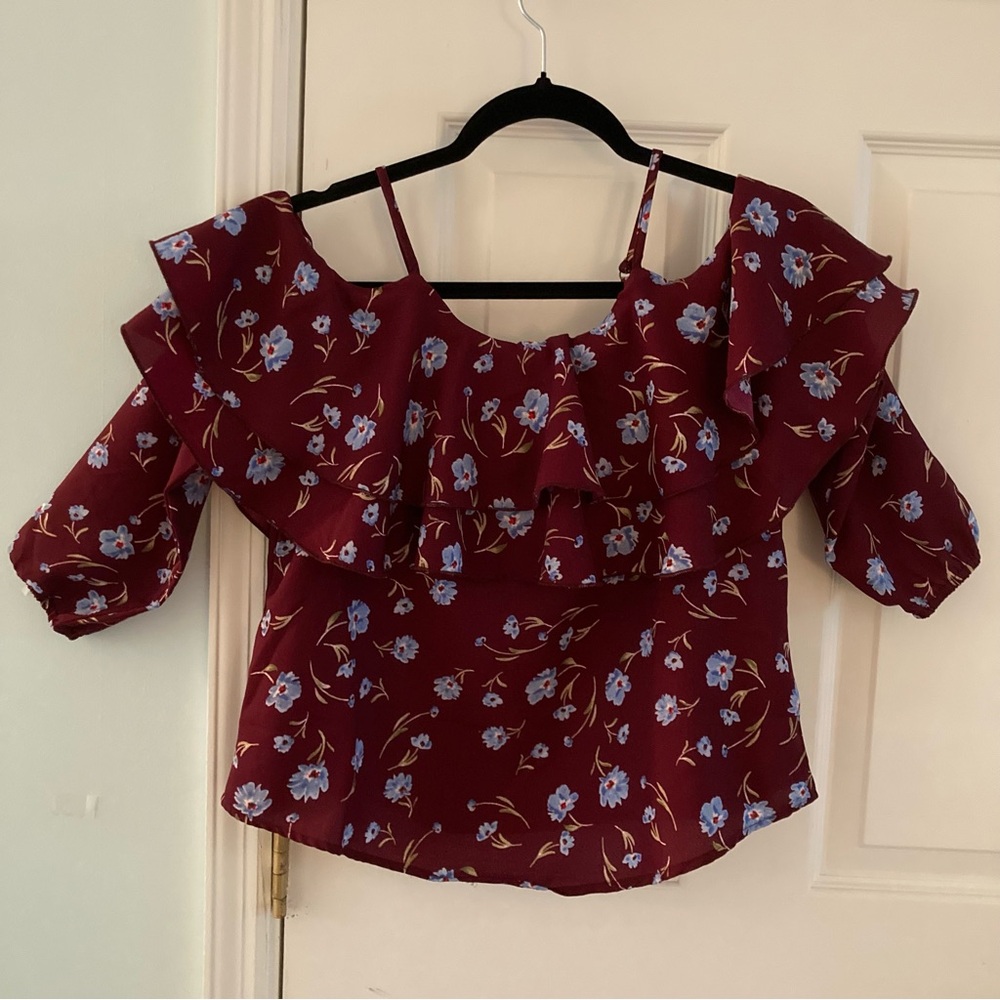 🌸Japna Women’s Off the Shoulder Ruffle Trim Blouse, Floral Print